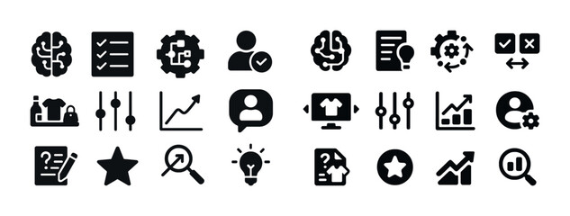 Collection of black icons on white background showcasing business, technology, and communication concepts