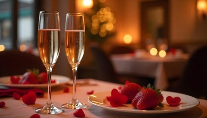 Two champagne glasses on a table, symbolizing love and romance for Valentine's Day in a cozy, intimate setting