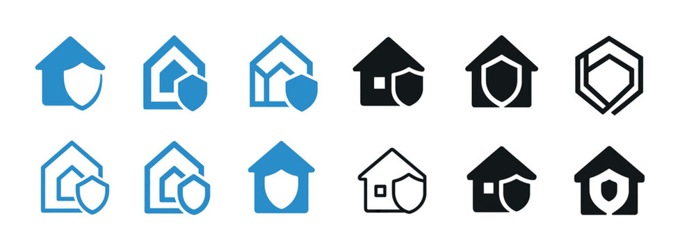 Home security icons in blue and black variations
