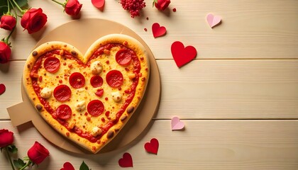 Heart-shaped pizza with red roses on a wooden table, evoking love and romance for a special Valentine's Day meal