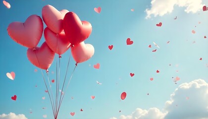 Floating red heart-shaped balloons in a clear sky, embodying romance and joy for Valentine's Day festivities