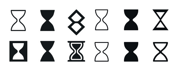Collection of various hourglass icons in black and white design