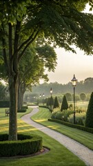 Obraz premium Serene winding garden path glowing in soft morning light, offering an elegant journey through manicured greenery and picturesque landscapes
