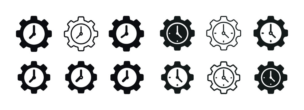 Set of clock and gear icons in black and white illustrating time management concepts