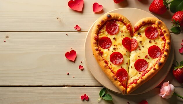 Heart-shaped pizza decorated with red roses, set on a wooden table, ideal for a cozy Valentine's Day celebration