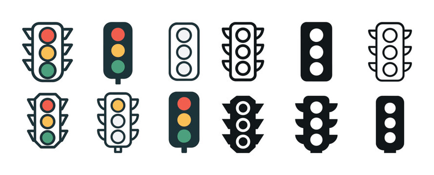 Various traffic light icon designs in color and black and white styles