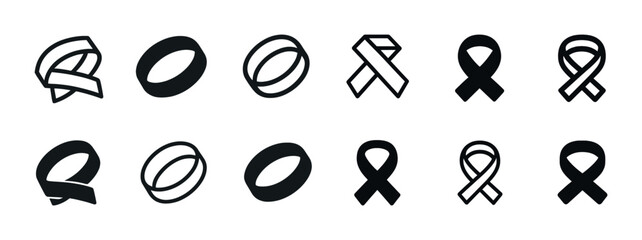Black awareness ribbons and bands: variety of support symbols