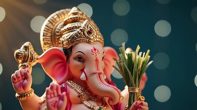 Lord Ganesha idol for a traditional indian wedding ceremony with festive bokeh background