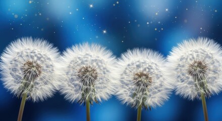 Close up of fluffy white dandelion seed heads against a dark blue bokeh background with sparkling lights