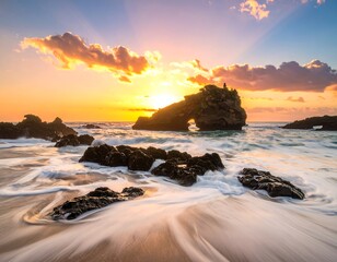 Golden hour coastal scene with rock formations, crashing waves, vibrant clouds, and radiant sun