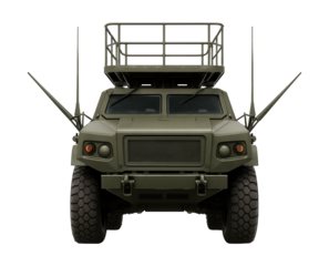 Reconnaissance vehicle with raised observation deck and side antennas.