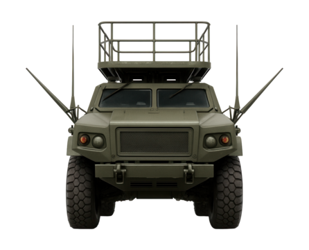 Reconnaissance vehicle with raised observation deck and side antennas.