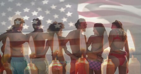 Eight adults standing, linking arms, laughing, flag overlay flowing across them sparking, marketing