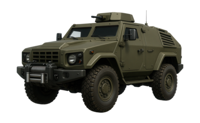Compact armored vehicle featuring a rear engine compartment and front winch.