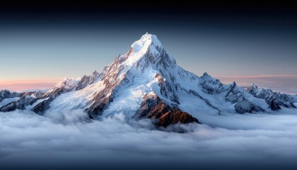 A breathtaking view of a snow-covered mountain range with sharp peaks, emerging from a sea of clouds. The scene is illuminated by the soft, warm light of sunris