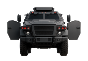 Armored vehicle with side shields and retractable infrared lights for nighttime use.