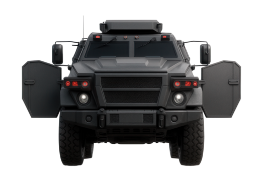 Armored vehicle with side shields and retractable infrared lights for nighttime use.