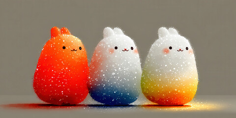 Three Adorable Fluffy Snow Bunnies in Red, Blue, and Orange Colors with Glittery Effect