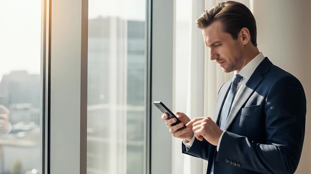 Window using smartphone businessman phone businessman near technology smartphone suit representing authentic visual style and cinematic detail.