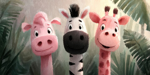 Cute Cartoon Painting of Three Friendly Pink and Striped Safari Animals