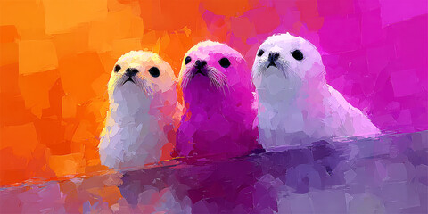 Expressive Oil Painting of Three Baby Seals in Vibrant Purple and Orange Light