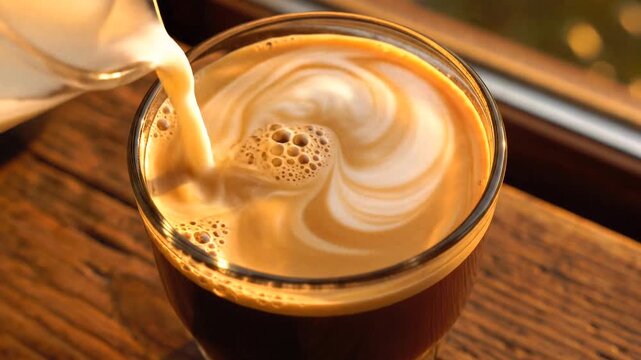 Pouring creamy milk into rich dark coffee creating a swirl of flavor for a comforting and delicious morning beverage close up