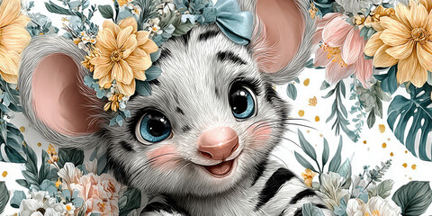 Extremely Cute Striped Mouse with Blue Eyes and Floral Wreath Digital Illustration