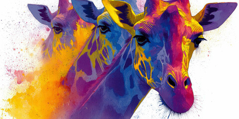 Dynamic Triple Exposure Pop Art of Giraffe Faces in Bright Abstract Colors