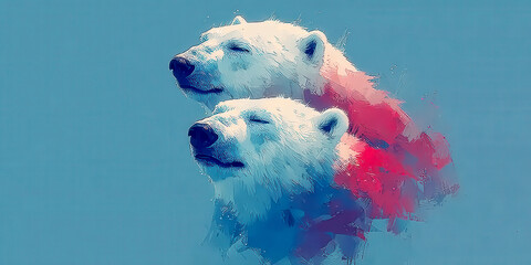 Abstract Expressionist Painting of Two Polar Bears with Red and Blue Accents