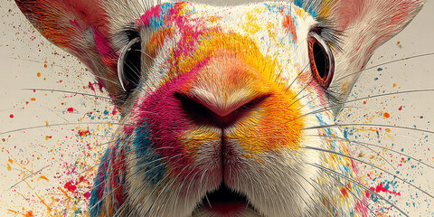 Intense Close-up of a Rabbit Face Covered in Bright Splashes of Paint