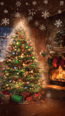 Fototapeta premium Festive green Christmas fir tree decorated with gold seasonal ornaments and colorful lights in the winter night celebration