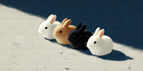 Cute Minimalist Painting of Four Fluffy Bunnies in a Row on Textured Surface