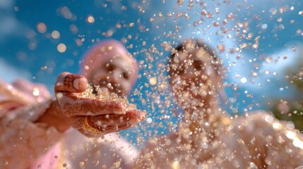 Happy indian couple throwing glitter at their wedding ceremony. Joyful celebration of love and marriage. Traditional indian culture and hinduism.