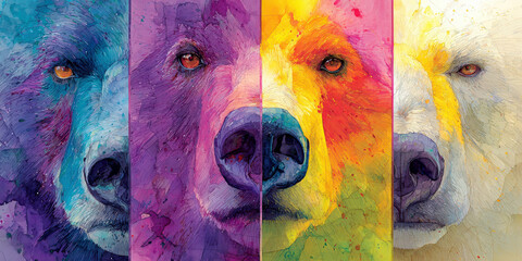 Four Part Abstract Watercolor Painting of Bear Faces in Vibrant Rainbow Colors