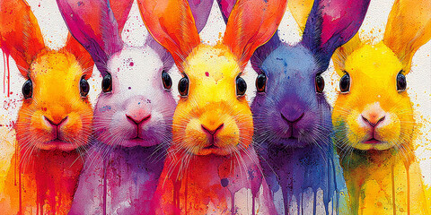 Close-up Watercolor Painting of Five Vibrant Rainbow Colored Rabbits or Bunnies