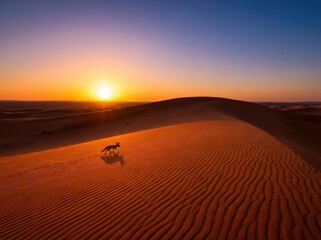 A lone fox traverses a desert dune at sunset, casting a long shadow on the sand.