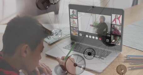 Student writing with green pencil, host gesturing on laptop drawing student gaze up, overlay moving