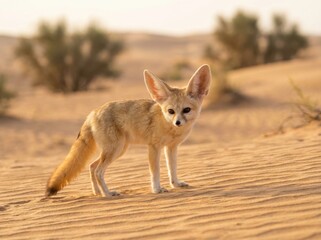 A captivating portrait of a fennec fox standing gracefully on a sandy dune, showcasing its distinctive features.