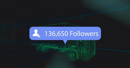 On follower update wireframe truck centered, badge sliding over cab, counts rising to show growth - Powered by Adobe