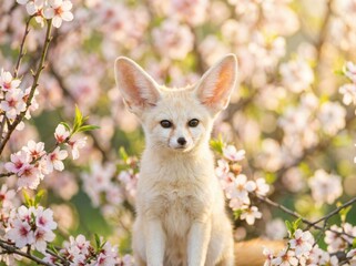 A captivating portrait of a fennec fox, its large ears perked, amidst a backdrop of delicate blossoms.