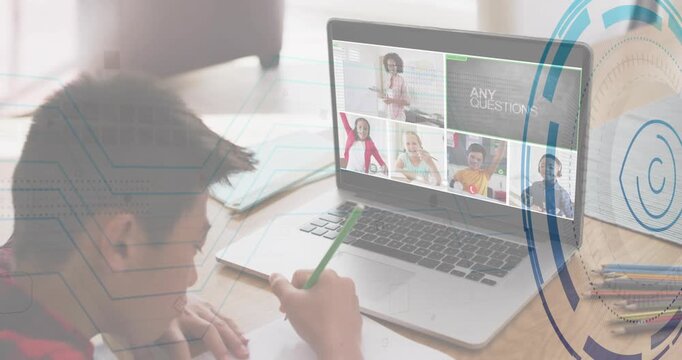Boy writing notebook during education call, laptop prompt ANY QUESTIONS causing blue overlays