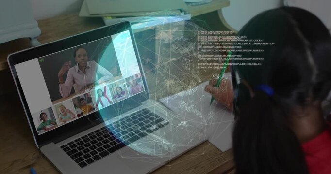 Girl student noting in remote class, teacher speaking as globe and code overlays rising above paper