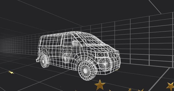 Wireframe van staying still, gold stars entering from below or right, grouping, drifting, adding dep