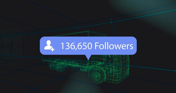 On follower update wireframe truck centered, badge sliding over cab, counts rising to show growth - Powered by Adobe