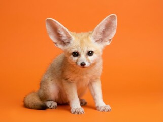 A captivating studio shot of a fennec fox, showcasing its large ears and adorable features against an orange backdrop.