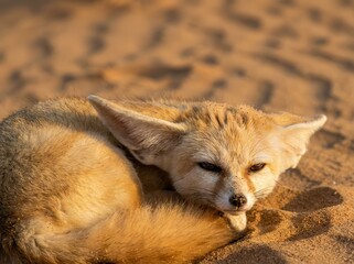 A close-up shot of a fennec fox resting on the sand, basking in sunlight.