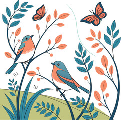 Serene Wildlife Artwork with Perched Birds and Gentle Butterfly Accents.
