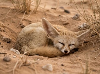 A serene Fennec fox curled up in the sand, enjoying a peaceful nap in its desert habitat.