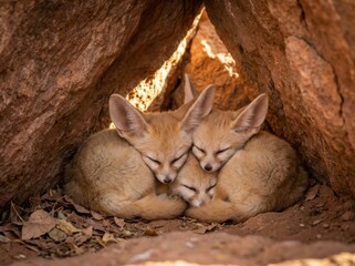 Three adorable fennec foxes huddled together, sleeping peacefully inside a rocky den.