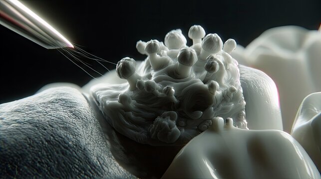 A close-up, microscopic view shows a complex cellular structure with multiple protrusions being gently touched by the tip of a scientific instrument. The lighti